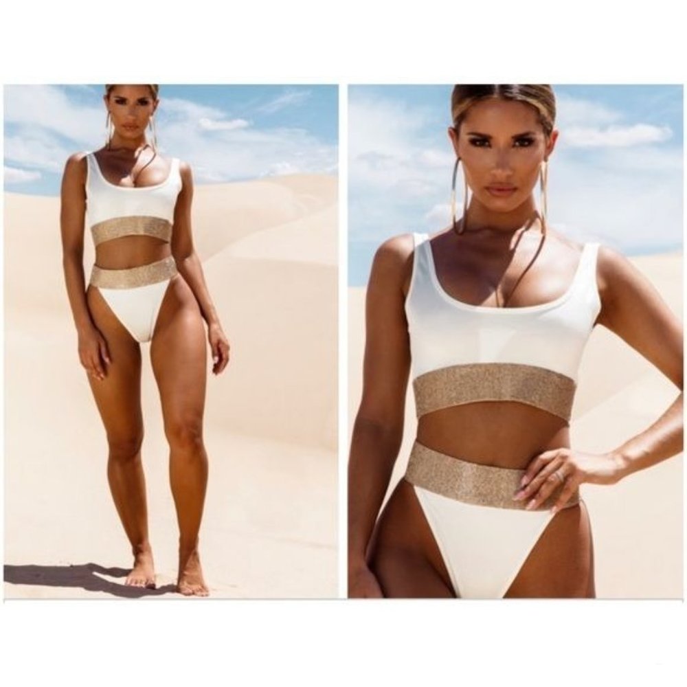 Nwt Cream Diamante Scoop Neck Bikini Top & bottom top 14 bottoms 10 rhinestone s
